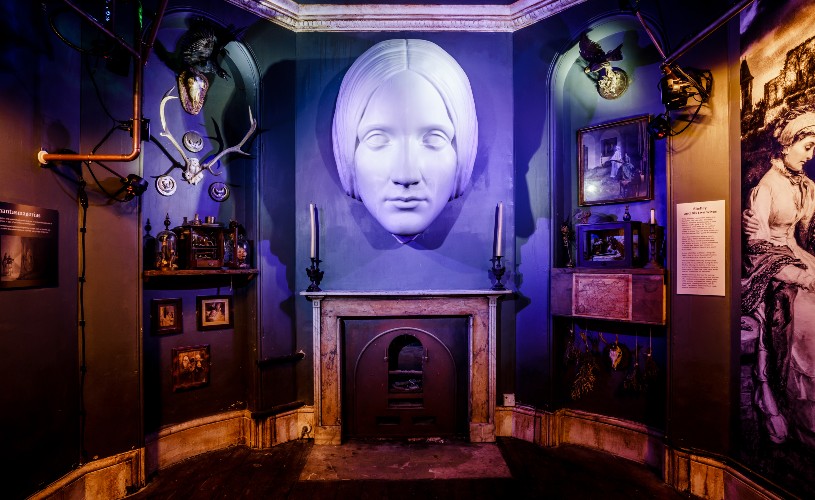 Mary Shelley head and gothic decor at House of Frankenstein